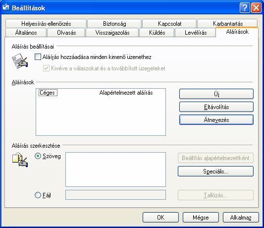 Információ és kommunikáció MS Windows XP A megjelenő Beállítások párbeszéd panel Aláírások fülének Aláírás csoportjában lehetőségünk van új aláírás létrehozására, illetve a már meglévő aláírások