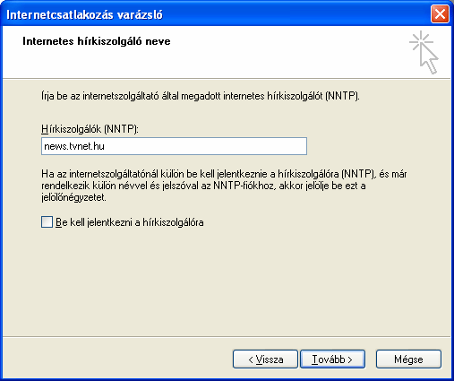 Információ és kommunikáció MS Windows XP A Tovább gombra kattintás után megjelenő párbeszéd panelen a használni kívánt hírkiszolgáló szerver címét kell megadnunk.