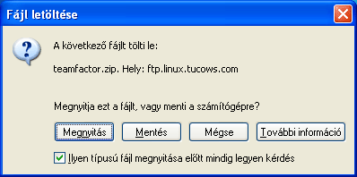 Információ és kommunikáció MS Windows XP Egy letölthető fájlra mutató linkre kattintva az alábbi panel jelenik meg a képernyőn: A Megnyitás gomb használata esetén a Windows azonnal megnyitja a fájlt,