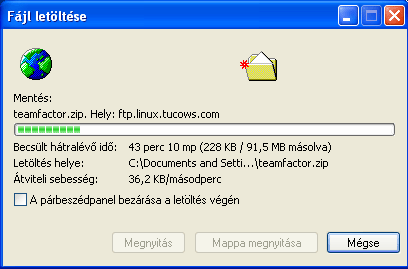 A fájlok méretétől és a rendelkezésünkre álló internetkapcsolat sávszélességétől függően a letöltés néhány másodperctől akár több óráig is terjedhet, ezt a folyamatot külön párbeszéd panelen