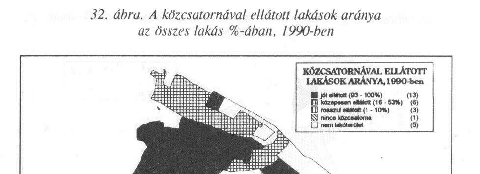 A lakások közcsatornával való ellátottsága a városperem területein kedvezőtlenül alakul. A városnak 6. körzetében egyáltalán nem volt csatorna 1990- ben és további 3 körzete (az un.