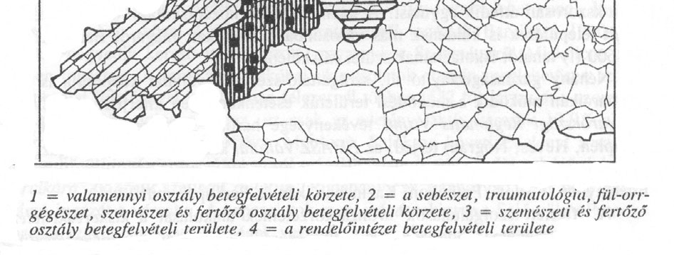 Az egészségügyi intézmények vonzása jórészt szintén "kijelölt" határok között érvényesül. A vonzásterület 3 zónára bontható, s e zónák jól követik a korábbi közigazgatási határokat.