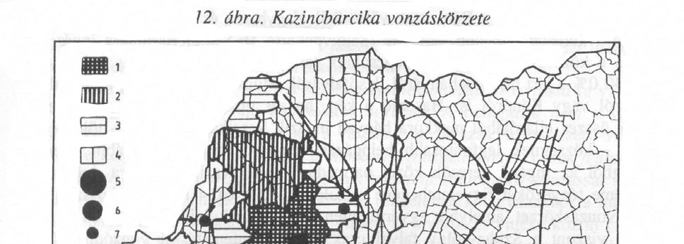 A különböző városi funkciók (intézmények) vonzását összegezve kaptuk meg Kazincbarcika ("komplex") vonzásterületét (12. ábra).