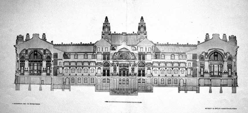 [ Fórum A budapesti (Alpár Ignác tervezte) Tõzsdepalota (1902-1905) hosszmetszete az épület monográfiájából, két szélén az érték- és árutõzsde egyenként 1320 m 2 -es termeivel, középen a