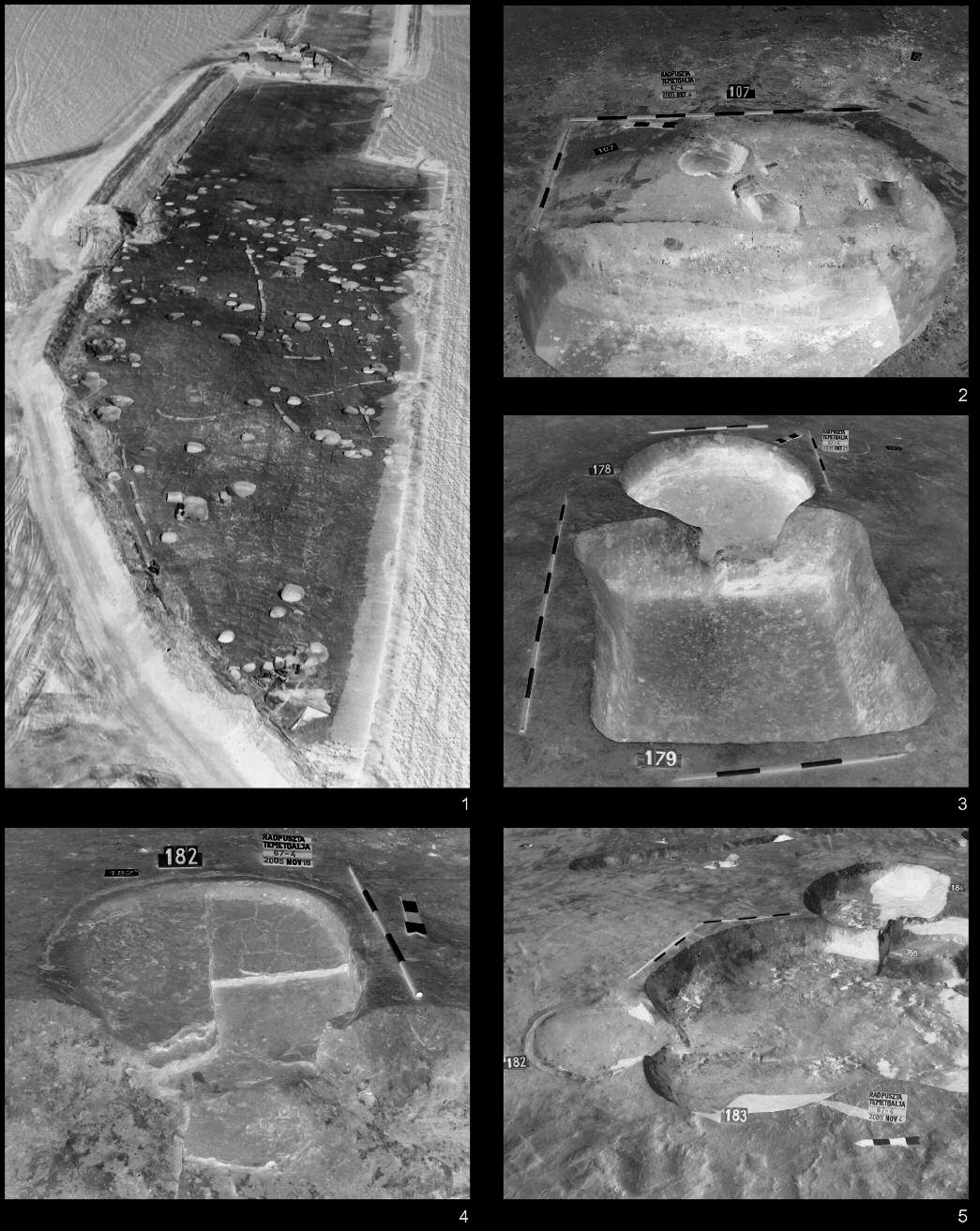50 HONTI SZILVIA ET AL. XVII. tábla Balatonlelle Rádpuszta-Temetõalja-dûlõ: 1. Légifelvétel a feltárt területrõl; 2. A Halomsíros kultúra gödrének metszete (107. obj.