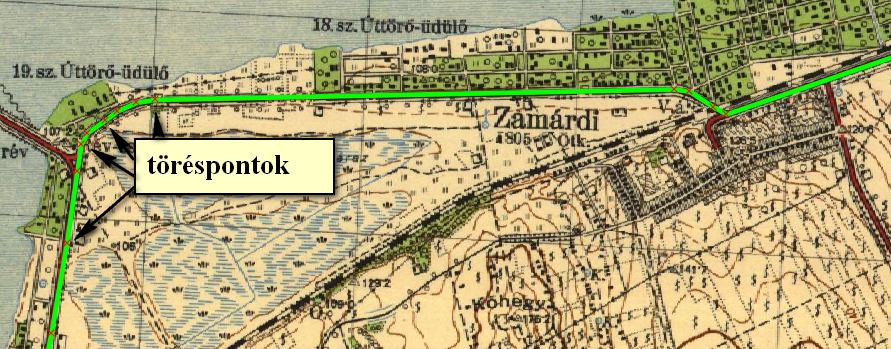 Geoinformatika a környezetvédelemben 2 Most tehát húzzuk meg az első vonalat. Ez legyen a mai Móricz Zsigmond és Szent István utcák vonala (4-1. ábra, zöld vonal).