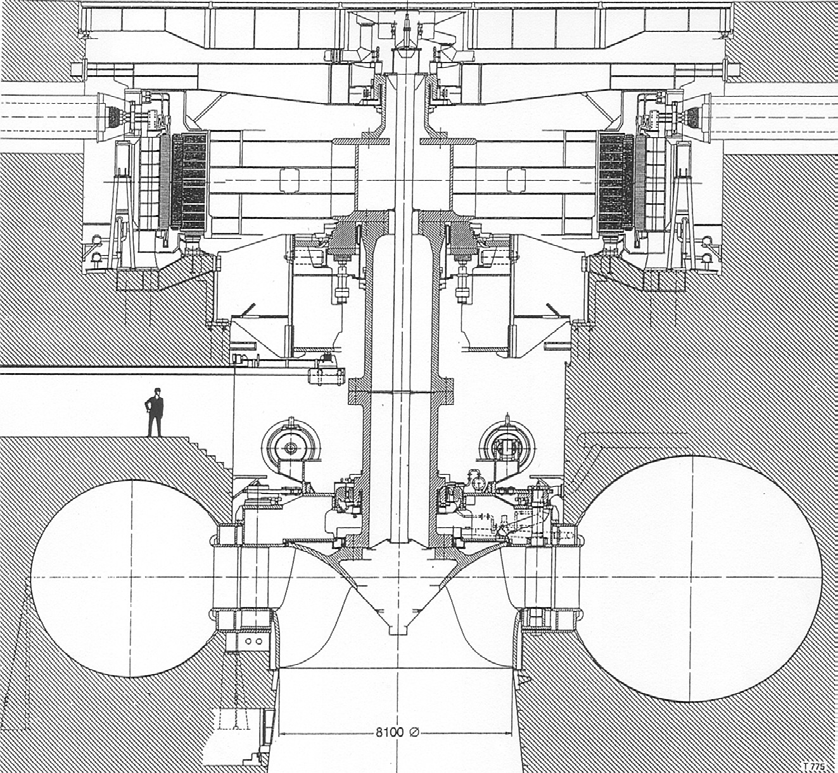 10. ábra Az Itaipu erőmű (Brazilia-Paraguay) Francis-turbinája A kis esésű, (< H G <40 m) nagy víznyelésű turbinák axiális, tengelyirányú átömlésűek.