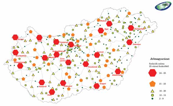 Településhálózat- fejlesztés 11. térkép: Városok funkcionális hálózata 2005-2006 szoros értelemben vett városhiányos térségrôl tehát nem beszélhetünk. A városlakók aránya az 1990.