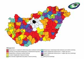 o 1 metropolisz o 5+2 regionális város (pólus) kistérsége o 17 megyei jogú város kistérsége o Középvárosok kistérségei (30000-50000 fô közötti központ) o Kisvárosok kistérségei (30000-10000 fô