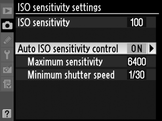 expozíció (az ISO érzékenység megfelelően módosul vaku használata esetén). 1 Válassza az Auto ISO sensitivity control G gomb (ISO érzékenység automatikus szabályozása) lehetőséget.