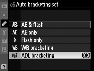 ADL Bracketing (ADL expozíciósorozat) A fényképezőgép módosítja az aktív D-Lighting-ot egy expozíciósorozaton keresztül. További információkért az aktív D-Lighting-ról lásd a 139. oldalt.