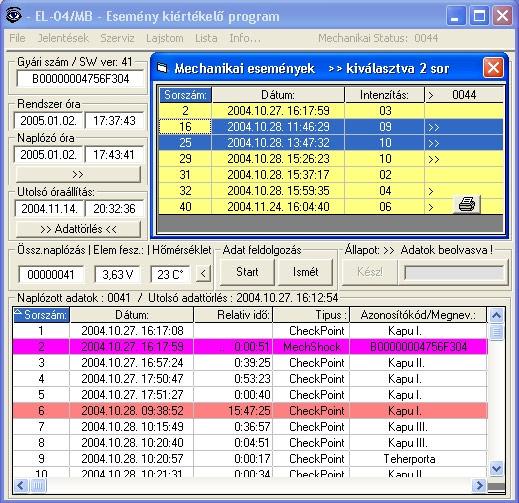 A 2.30 vagy magasabb verziójú programok lehetővé teszik a mechanikai események külön ablakban történő elemzését, a kiválasztott sorok nyomtatását.