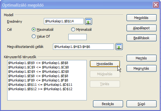 21. FEJEZET. A MEGOLDÓ HASZNÁLATA 119 A Megoldó ablakában válasszuk Célcellának a B14-et, a H3:H6 cellák módosításával. Válasszuk a Maximalizál kapcsolót.
