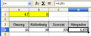 3. FEJEZET. EGYSZERŰ SZÁMÍTÁSOK A MUNKALAPON 13 3.2. Cellahivatkozások alkalmazása Legtöbbször a cellákba nem konkrét számokat, hanem cellahivatkozásokat írunk.