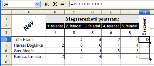 Ott az keresztté változik és az egér gombját lenyomva tartva töltsük ki (húzzuk lefelé) a G5:G7 tartományt. (3.5 ábra) 3.5. ábra. 2.