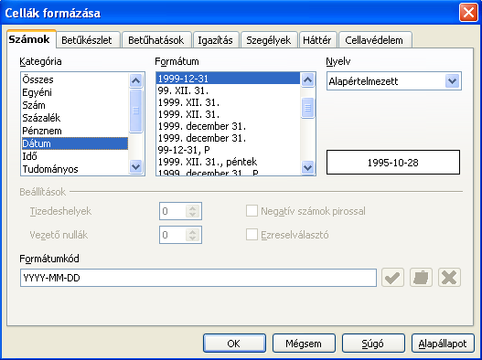 5. ábra. Dátumformátumok Minden számformátumot, így a dátumformátumot is módosíthatjuk a Formátum menü Cellák ablakában a Számok fület választva. Az 5.