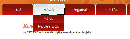 Az online műbejelentés elérése A művek menüpont alatt