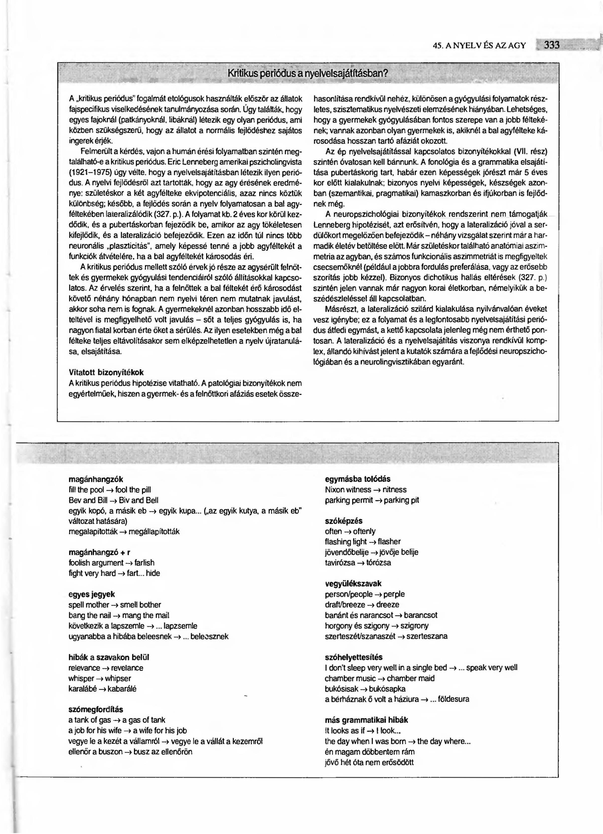 45. A NYELV ÉS AZ AGY 333 Krib~us ~ri6dus a nyelvelsajáirtás~n? A "kritikus periódus" fogalmát etológusok használták elöször az állatok fajspecifikus viselkedésének tanulmányozása során.