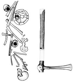 A Berettyó Körös-vidék középsõ bronzkori lakói a Gyulavarsánd-kultúra 159 25. Túrkeve-Terehalom, 2. szint. A ház rekonstrukciója és edény a padlóról si pontján fekszik.