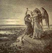 De ez egy cseppet sem zavarta Gustave Dore-t, az alábbi kép alkotóját abban, hogy 1866-ban sajátosan rekonstruálja az egykor történteket: 38. ábra Az Úrral birkózó Jákób.