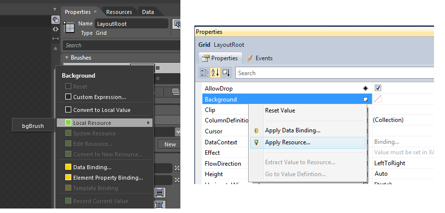 Erőforrások a Silverlightban // Szintaktika <Objektum PropertyNev="StaticResource resourcekey"/> // Hivatkozás xaml-ből <Grid Background="StaticResource bgcolor">.