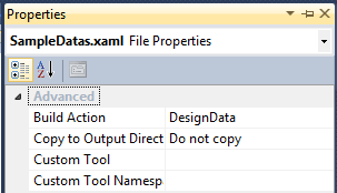 6. Adatok kezelése 6-23 ábra: A SampleDatas.xaml tulajdonságai A következő lépés, hogy a MainPage.xaml-ben lévő UserControl Resources gyűjteményét töröljük ki.