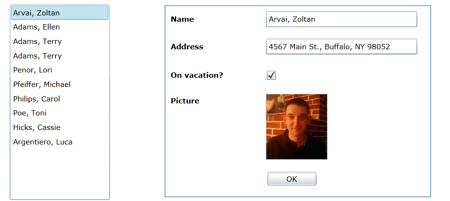 Custom Controlok fejlesztése Silverlightban 7-3 ábra: A kiválasztott Person objektum részleteinek megjelenítése a PersonDetailsView UserControlban UserControl: Nézet vagy hagyományos vezérlő?
