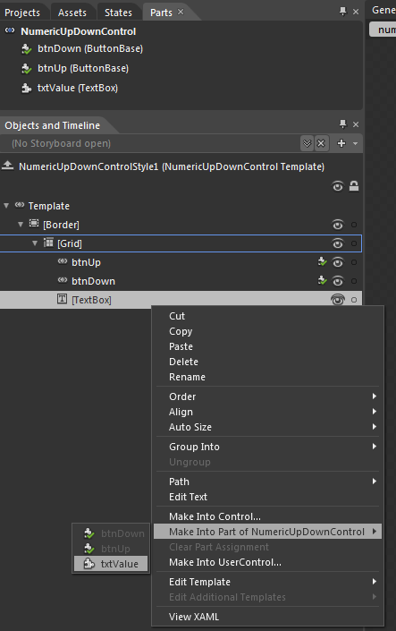 Custom Controlok fejlesztése Silverlightban 7-7 ábra: TemplatePart-ok bekötése az Expression Blendben Ugyanez igaz a vizuális állapotokra is.