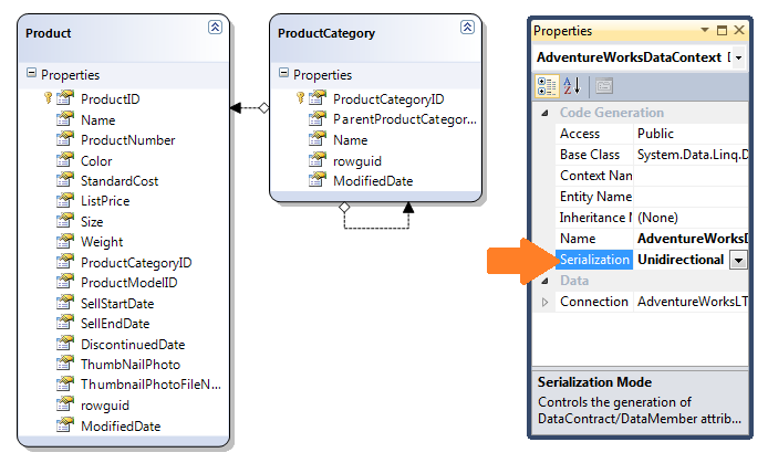 WCF szolgáltatások készítése, elérése és használata 8-5 ábra: LINQ adatmodell és a DataContext Serialization mode-ja Adjunk a projektünkhöz egy új Silverlight enabled WCF Service osztályt, melynek az