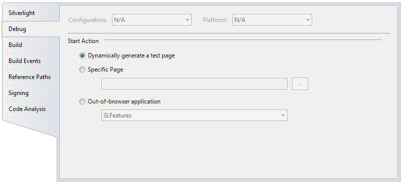 Az OOB alkalmazások egy ilyen hosztban indulnak el. Zárd be az alkalmazást! A Visual Studióban még mindig a Silverlight beállításait látod. Kattints a Silverlight alatti Debug fülre!
