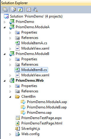 A Composite Application Guidance (PRISM) Ahhoz, hogy a modulok XAP állományba kerüljenek, Silverlight Application típusú sablon segítségével kell létrehozni őket.