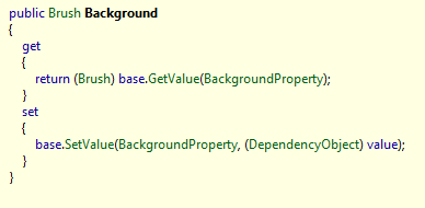 3. Alapvető vezérlők 3-5 ábra A Background tulajdonság mögötti kód Látható, hogy ez a tulajdonság csak burkolásként szolgál az igazi BackgroundProperty számára, amelynek a definíciója a