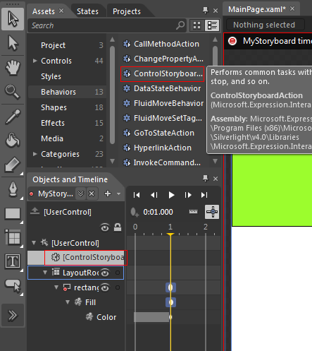 4. fejezet: Animáció és Média <Rectangle x:name="rectangle" Fill="#FF2F2FFF" HorizontalAlignment="Left" Height="200" Stroke="Black" VerticalAlignment="Top" Width="200" RenderTransformOrigin="0.5,0.