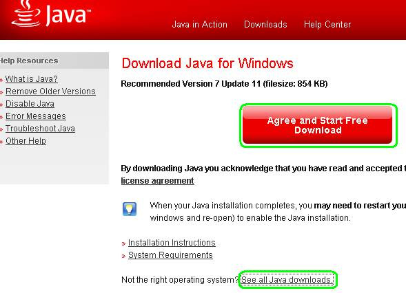 Ezután a böngésző átlép a következő oldalra (ide mutat: http://java.com/en/download/inc/windows_upgrade_xpi.jsp?locale=en ): A telepítéshez az Agree and Start Free Download gombra kell kattintani.