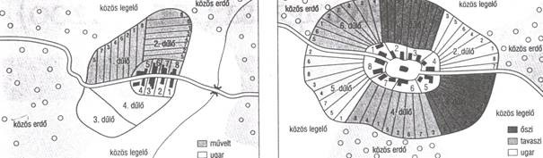 4. FELADAT (5 pont) A XI XII. században Nyugat-Európában a mezőgazdasági termelés jelentősen átalakult. Az ábra alapján hasonlítsd össze a két- és háromnyomásos földművelést! a.) Mekkora hányad a megművelt földterület az első és a második képen?