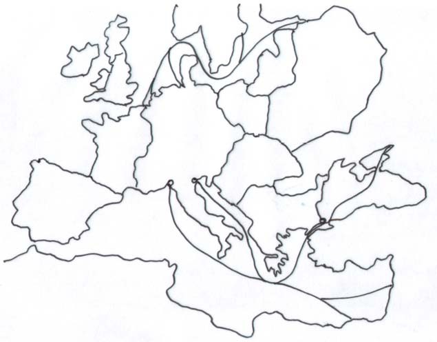 5. FELADAT (10 pont) Jelöld a középkori európai kereskedelmet ábrázoló térképvázlaton az alább felsorolt topográfiai adatokat!