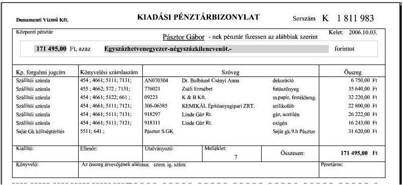 A pénztáros csak szabályszerűen kiállított, az aláírásra jogosultak (érvényesítő, teljesítésigazoló, utalványozó, ellenjegyző), valamint a kedvezményezett / meghatalmazott által aláírt