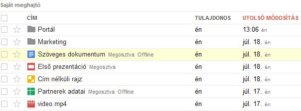 Google drive dokumentumlista "lista" nézetben Google drive dokumentumlista "rács" nézetben A fejlécben jobb oldalán található Beállítások gombra kattintva beállíthatjuk a listanézet megjelenítési