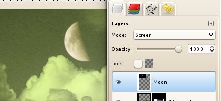 A réteg lista feletti lenyíló menüben válaszd a Screen módot, a fekete rész a rétegen eltűnik és a hold kellemesen belemosódik. Forrás: Moon: http://www.sxc.hu/photo/1126941 Stars: http://www.sxc.hu/photo/1005288 YouTube videó: http://www.