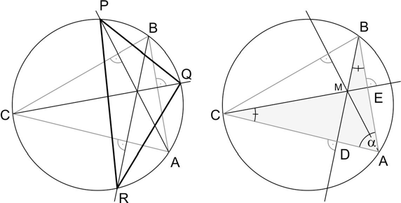 44 MATEMATIKA A 10. ÉVFOLYAM TANÁRI ÚTMUTATÓ 46. Az ABC háromszögben az m b és m c magasságvonalak köré írt körrel való metszéspontját jelölje P és Q.