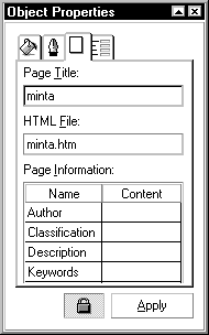 40 ISMERKEDÉS A PROGRAMMAL Properties párbeszédpanel lapjain adjuk meg a szerkesztett HTML dokumentum címét (Page Title), az állomány nevét (HTML File), a dokumentum tájékoztató információit (Page