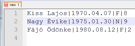 18.1. ábra. Az input fájl tartalma A képernyőre írást (ellenőrzési szereppel) a 18.6. forráskód mutatja be.