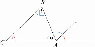 8 MATEMATIKA A 9. ÉVFOLYAM Tanári útmutató 14. Miket tudsz megállapítani a következő ábráról a háromszög szögeivel kapcsolatban? Írd le az ábra jelöléseivel!