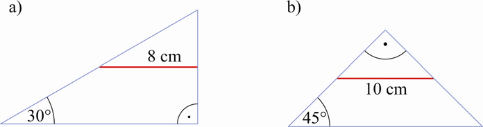 64 MATEMATIKA A 9. ÉVFOLYAM Tanári útmutató OF = EF + r = 4,47 cm. 56. Mekkora az ábrán látható háromszög kerülete és területe, ha adott a középvonala?