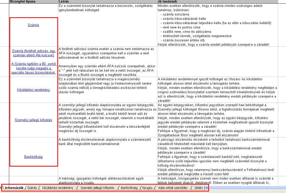 A kitöltésre szánt excel úgy lett kialakítva, hogy az egyszerűen, gyorsan és követhetően szolgálja a pályázók munkáját. Az első lapfülön találhatóak a kitöltést segítő fontos információk, segédletek.