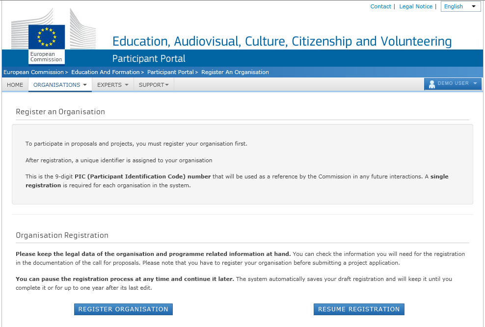 3. lépés: Szervezet regisztráció Participant Portal - Regisztrációs útmutató Miután belépett ECAS felhasználói nevével a Participant Portal oldalra, kattintson a bal felső menüsorában található