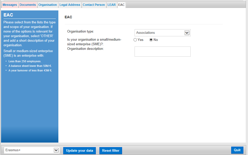 Az EAC lapfülön töltse ki a megfelelő adatokat. Mentse el a változásokat (Update your data).