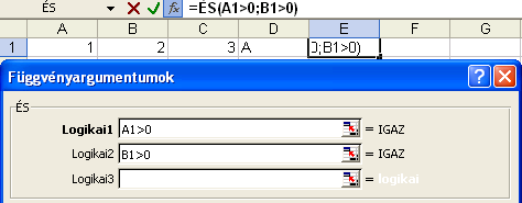argumentumot adja értékül A varázsló segítségével könnyen átlátható a függvény adatainak megadása. A logikai vizsgálathoz csak egy elemi relációt írhatunk.