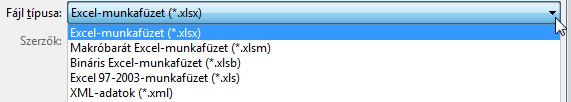 Csak a Fájltípus listában látható (feltelepített kódolóknak) megfelelő típusba tudsz menteni! Támogatott fájl típusok: Microsoft Excel munkafüzet (*.XLSx): Ez a saját formátuma.