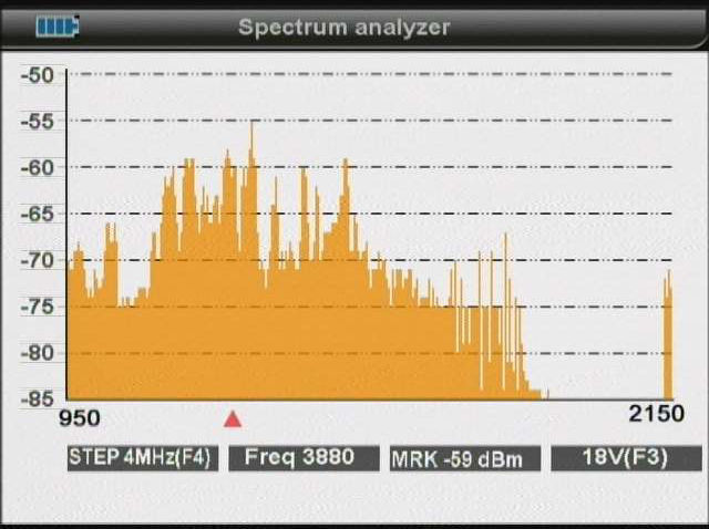 A Search felirat OK gomb rányomásával pedig már az adott spektrum képet látjuk a mőholdról. Lehetıség van 4 ill. 8 Mhz-es léptetésre az F4 gomb segítéségével.